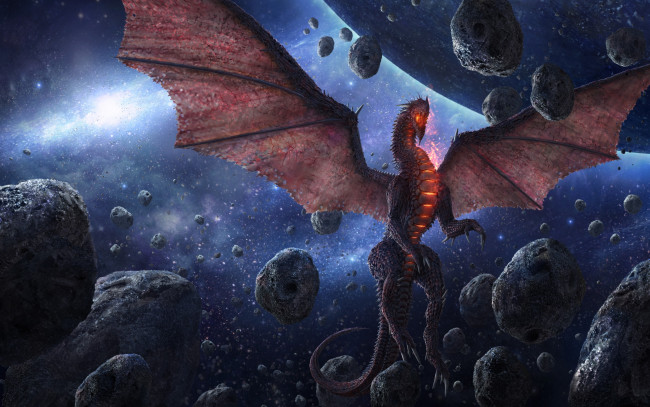 Обои картинки фото фэнтези, драконы, космоc, арт, метеорит, фантастика, дракон, крылья