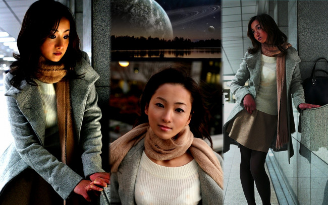 Обои картинки фото девушки, -unsort , азиатки, сумка, юбка, пальто, свитер, шарф