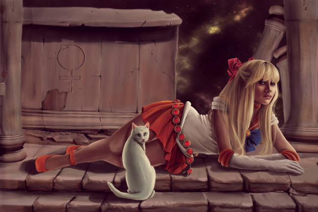 Обои картинки фото аниме, sailor moon, девушка, фон, взгляд, кот