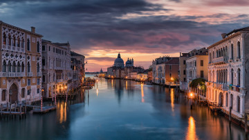 обоя города, венеция , италия, канал, вечер, огни
