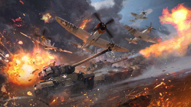Обои картинки фото видео игры, war thunder, самолеты, танки, бой, дым, огонь