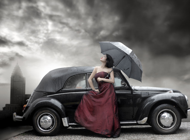Обои картинки фото автомобили, авто, девушками, зонт, дождь