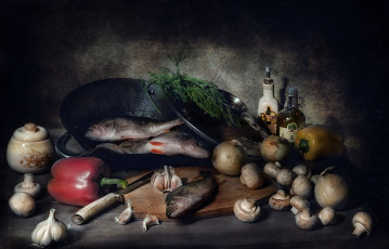 Картинка еда натюрморт перец чеснок рыба шампиньоны лук
