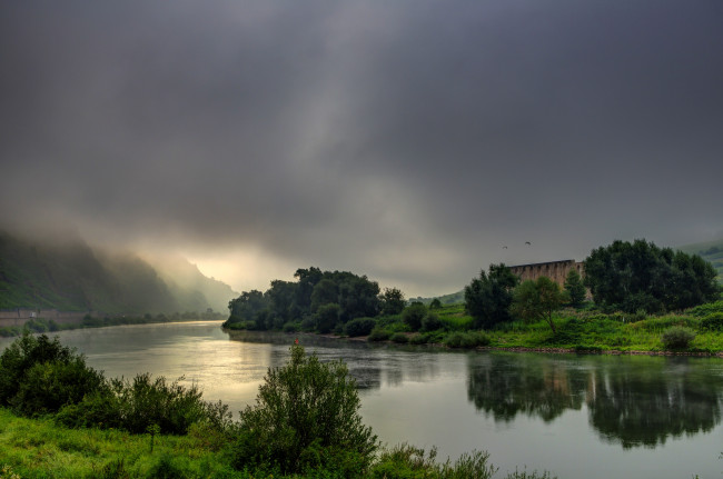 Обои картинки фото германия, брем, природа, реки, озера, сумерки, облака, река