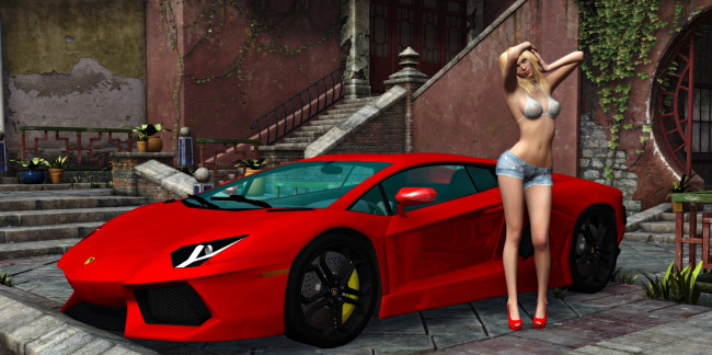 Обои картинки фото автомобили, 3d car&girl, девушка, взгляд, автомобиль