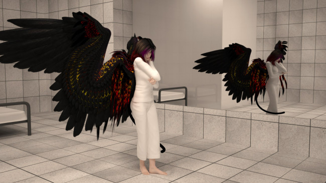 Обои картинки фото 3д графика, ангел , angel, девушка, взгляд, зеркало, крылья