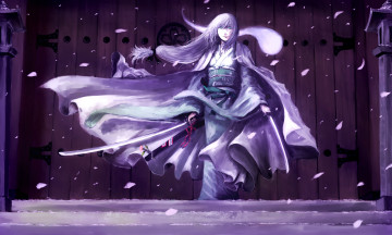 Картинка аниме touhou ворота ступени ветер konpaku youmu катана ножны кимоно снег