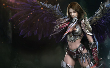 Картинка фэнтези ангелы крылья взгляд эротика оружие девушка фантастика арт перья