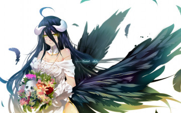 Картинка аниме overlord арт bba biao albedo девушка рога цветы букет улыбка