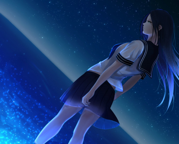 Обои картинки фото аниме, unknown,  другое, арт, lynx-shrike, школьница, форма, девушка, вода, отражение, звезды, небо