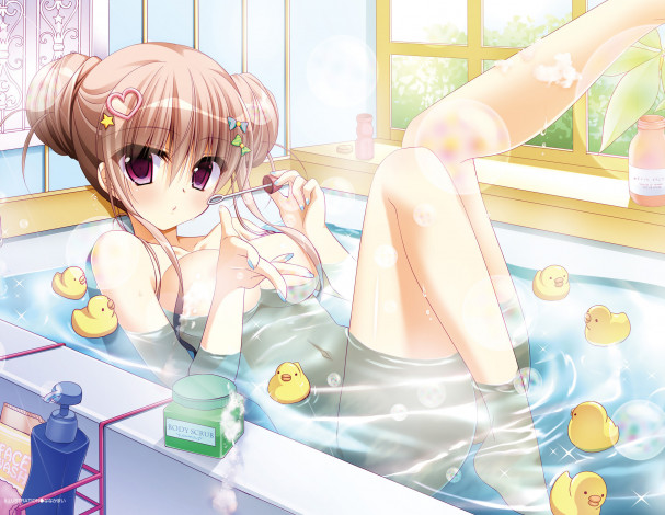 Обои картинки фото аниме, unknown,  другое, девушка, помещение, ванная, взгляд, фон, окно, игрушка, утка, пузыри