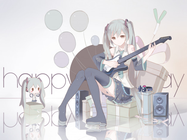 Обои картинки фото аниме, vocaloid, девочка, шарики, гитара, музыка, арт, red, flowers, hatsune, miku