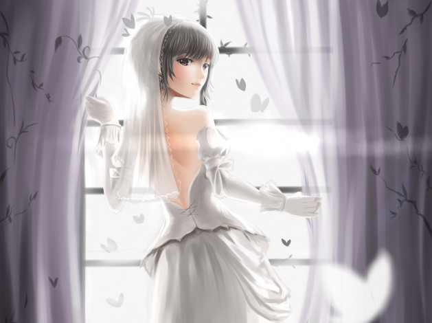 Обои картинки фото аниме, unknown,  другое, шторы, арт, окно, белое, невеста, фата, платье, девушка, red, flowers