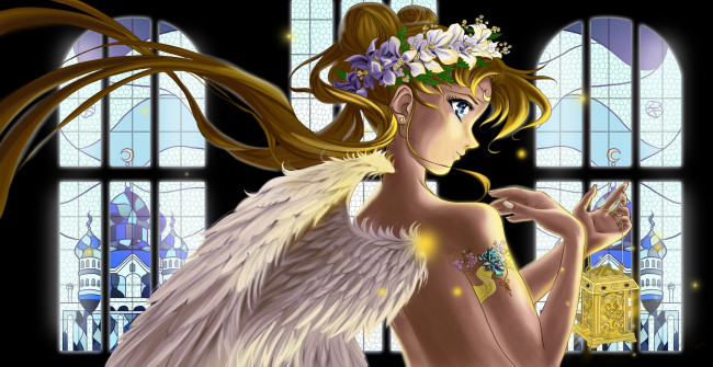 Обои картинки фото аниме, sailor moon, девушка, арт, фонарь, венок, свет, крылья, спина, волосы, профиль, взгляд