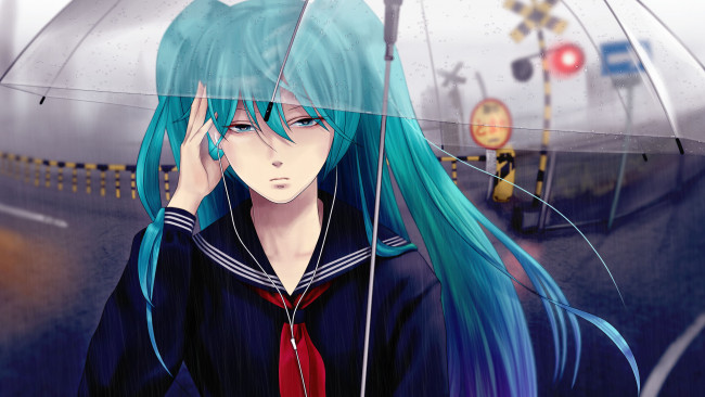 Обои картинки фото аниме, vocaloid, арт, hatsune, miku, зонт, девушка, дождь