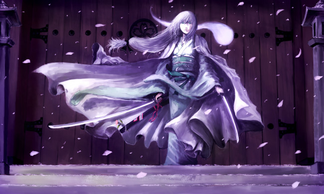 Обои картинки фото аниме, touhou, ворота, ступени, ветер, konpaku, youmu, катана, ножны, кимоно, снег