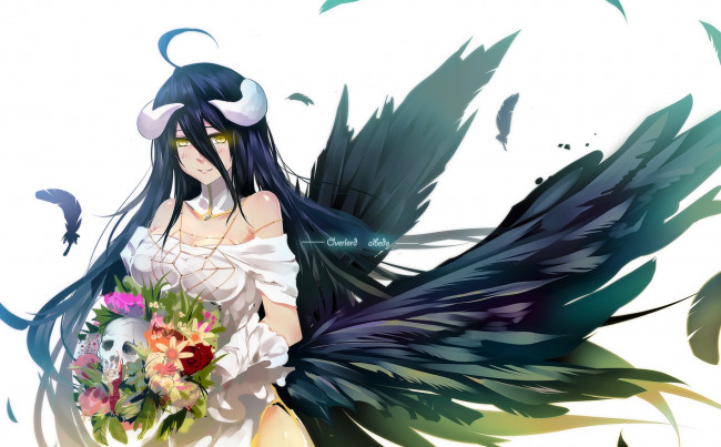 Обои картинки фото аниме, overlord, арт, bba, biao, albedo, девушка, рога, цветы, букет, улыбка