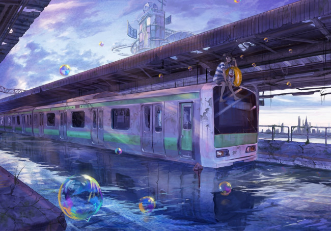 Обои картинки фото аниме, город,  улицы,  здания, арт, lalil-le, девушка, собака, поезд, вода, пузыри, небо, здания