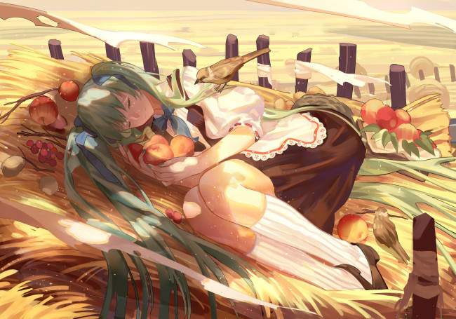 Обои картинки фото аниме, vocaloid, спит, девушка, яблоки, птицы, сено, арт, zicai, tang, hatsune, miku