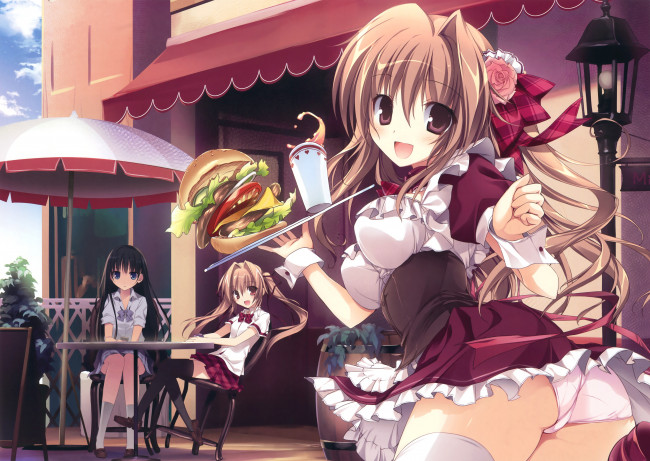 Обои картинки фото аниме, unknown,  другое, бутерброд, поднос, столик, взгляд, девушки, фон