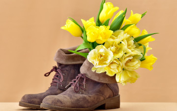 Картинка цветы тюльпаны bouquet flowers tulips ботинки boots