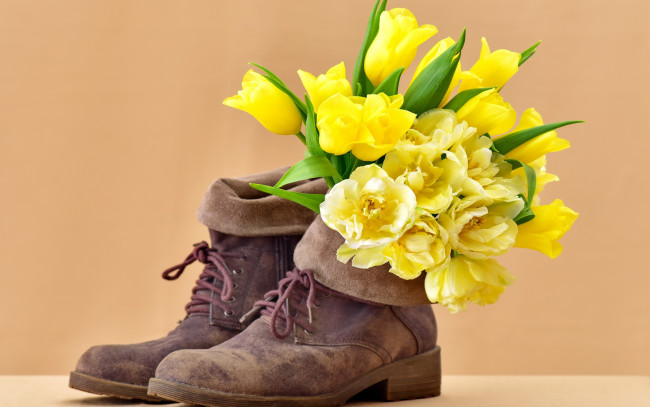 Обои картинки фото цветы, тюльпаны, bouquet, flowers, tulips, ботинки, boots