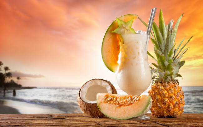 Обои картинки фото еда, напитки,  коктейль, drink, tropical, фрукты, коктейль, пляж, море, paradise, sea, beach, summer, cocktail, fruit, fresh