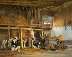 Картинка рисованное живопись животные коровы в хлеву масло картина jan van ravenswaay холст