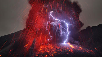 обоя природа, стихия, пепел, молния, вулкан, огонь, лава, гроза, дым