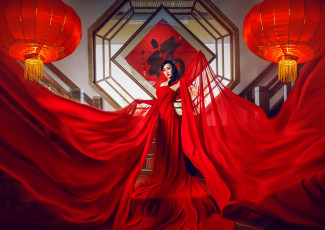 Картинка девушки -unsort+ брюнетки темноволосые модель фонарики ткань азиатка красное платье стиль поза