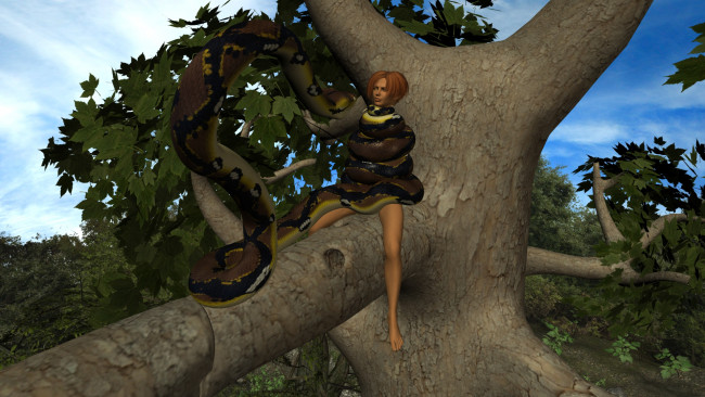 Обои картинки фото 3д графика, фантазия , fantasy, девушка, змея, дерево, фон, взгляд