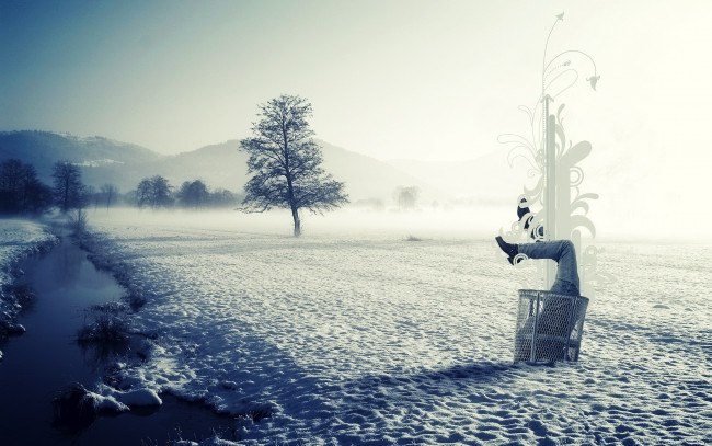 Обои картинки фото разное, компьютерный дизайн, корзина, человек, снег, деревья, ручей, горы, зима