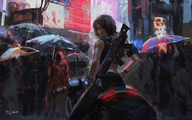 Обои картинки фото рисованное, комиксы, цифровое, искусство, зонтик, дождь, футуризм, мотоцикл, город, женщины, солдат, азиаты, оружие