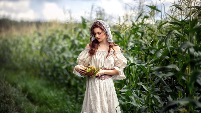 Обои картинки фото девушки, - брюнетки,  шатенки, платье, кукуруза