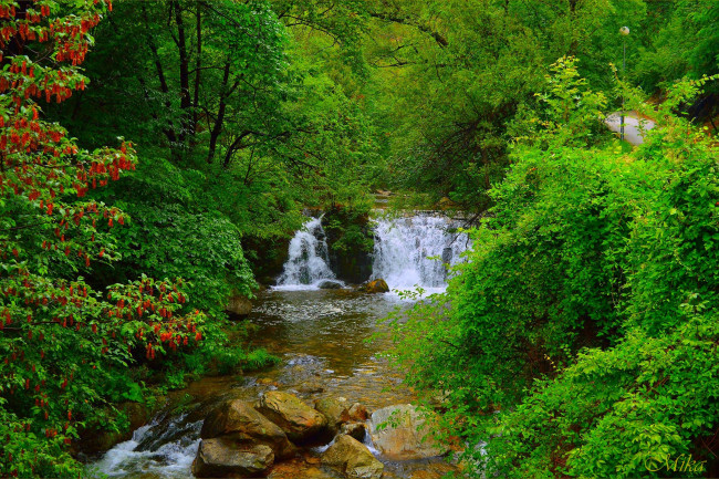 Обои картинки фото природа, водопады, водопад, деревья, лес, камни, waterfall, forest, trees