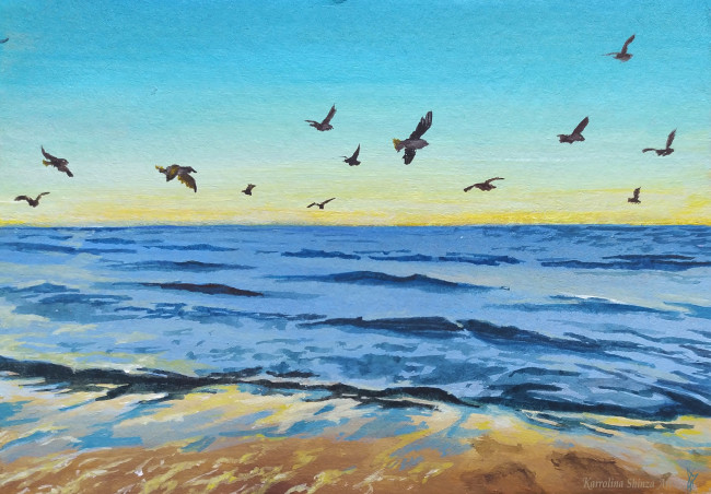 Обои картинки фото рисованное, живопись, море, птицы