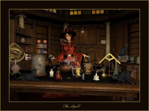 Картинка 3д графика fantasy фантазия девушка кошки свечи очаг магия