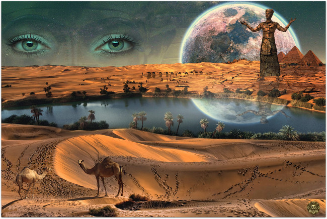 Обои картинки фото фэнтези, пейзажи, пустыня, фараон, луна, оазис, пирамиды, караван.
