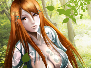 Картинка аниме bleach длинные волосы взгляд inoue orihime девушка лето листья деревья рубашка грудь рука