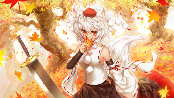 Картинка аниме touhou ушки улыбка взгляд оружие осень inubashiri momiji девушка bobomaster art листья хвост