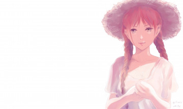 Картинка аниме *unknown+ другое белый фон взгляд девочка соломенная шляпа косы арт