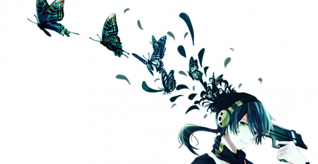 Обои картинки фото аниме, mekakucity actors, парень, арт, улыбка, konoha, kagerou, project, icchan, бабочки, наушники, пистолет