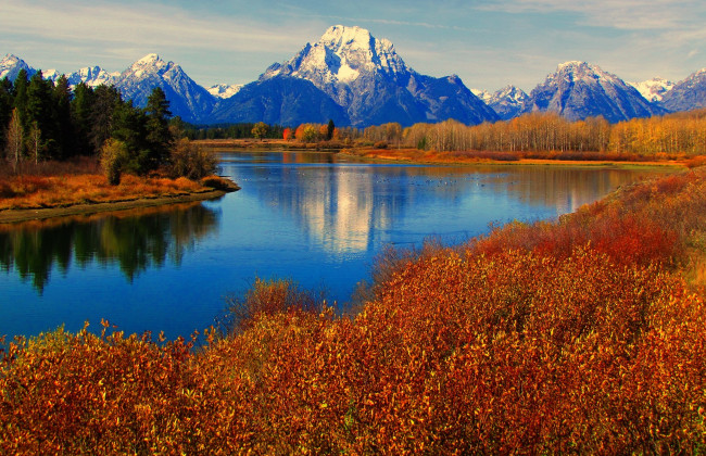 Обои картинки фото природа, реки, озера, небо, осень, деревья, отражение, река, озеро, горы, сша, вайоминг, grand, teton, national, park