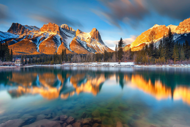 Обои картинки фото природа, реки, озера, канада, альберта, канмор, горы, утро, лес, озеро, река