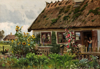 Картинка рисованное живопись пейзаж вяжущая девушка в дверях петер мёрк мёнстед peder mоrk mоnsted дом картина цветы