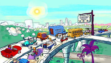 Картинка мультфильмы the+flintstones люди солнце машина город