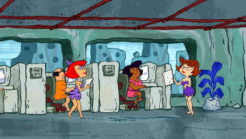 обоя мультфильмы, the flintstones, женщина, цветок, работа, офис, компьютор