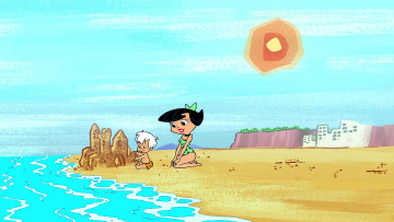 обоя мультфильмы, the flintstones, женщина, ребенок, море, песок, солнце