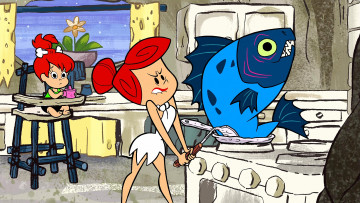 обоя мультфильмы, the flintstones, женщина, рыба, девочка, цветок, плита, ребенок