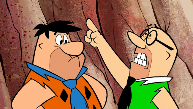 Обои картинки фото мультфильмы, the flintstones, мужчина, очки, двое, эмоции